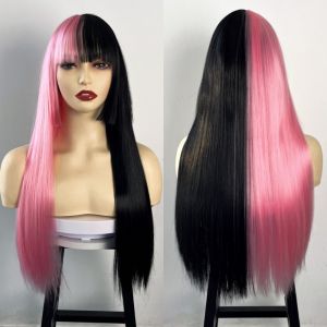 BEAUTYLADIES 28-Inch Long Yaki Straight Wig Layered Natural Cosplay Halloween Wig Full Head Fluffy Straight Bangs Hairpiece for Women