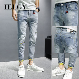 IELGY jeans mens thin slim-fit small-foot casual ripped nine-point pants