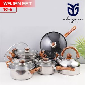 Panci Set Kayu 12Pcs Stainles Steel | Cookware Set Gagang Moti Kayu Tutup Kaca + Teko MURAH