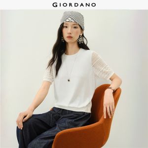 Giordano Women 100% cotton eyelet short sleeve knitwear Free Shipping 18356712