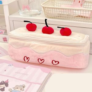 MMLUCK Thêu Túi đựng bút hình quả anh đào bằng vải nhung Bánh ngọt Trái tim Hộp bút Kawaii Dễ thương Nhồi nhân Túi đựng bút chì Hộp văn phòng phẩm