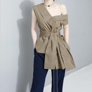 Sleeveless Sashes Tunic Womens Blouses Shirts Summer V Collar Black Khaki Irregular Loose Shirt Tops Casual