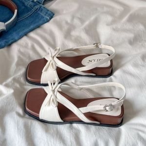 [Free Shipping] Gentle Bow-Knot One-Strap Sandals For Women Spring New Fashion Thick-Soled Roman Sandals To Wear With Dresses