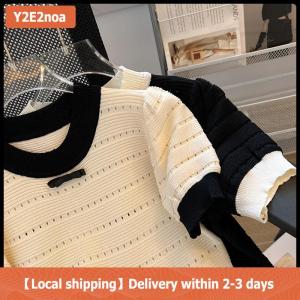 【Local shipping】 Summer Sweet Hollow Out Knitted T-shirt Women Contrast Color Round Neck Short Sleeve Crop Top