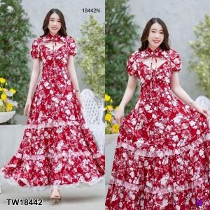 18442  เดรส ยาวแขนบอลลูน ระบายชั้น ลายดอกไม้ เว้าอก เว้าหลัง