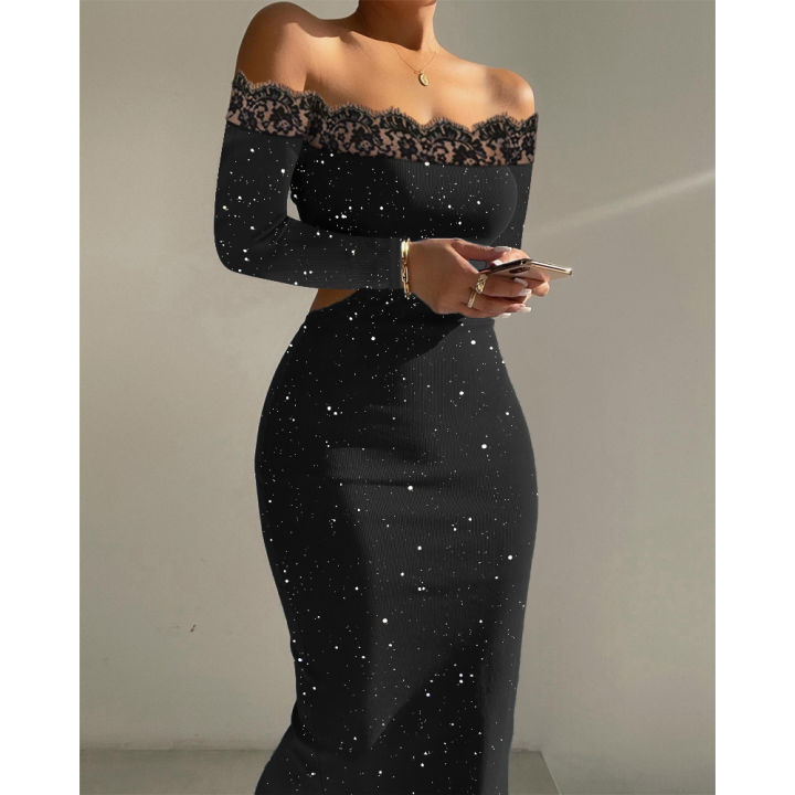 Women Glitter Contrast Lace Off Shoulder Cutout Bodycon Midi Party Dress Long Sleeve Black Elegant Dress for Femme Clothing Korean StyleX0407 | Lazada PH Women Glitter Contrast Lace Off Shoulder Cutout Bodycon Midi Party Dress Long Sleeve Black Elegant Dress for Femme Clothing Korean StyleX0407 | Lazada PH