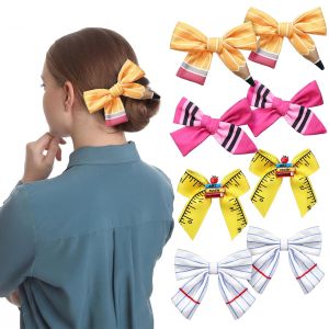 8 Pcs 3" x 4" Back to School Bow Hair Clips Pencil Crayon Bow Hair Accessories for Women Ruler Notebook Barrettes Non-slip Alligator Clips Teacher Appreciation Gifts School Supplies