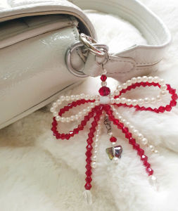 Móc Khóa Nơ Pha Lê Đỏ Trắng – Charm Treo Túi Balo Cặp Hộp Bút Cute Handmade