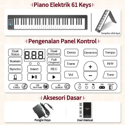 Benston Music- 61-tuts piano lipat piano elektrik pintar 61-tuts bluetooth keyboard portabel keyboard piano kecil - dapat dilipat