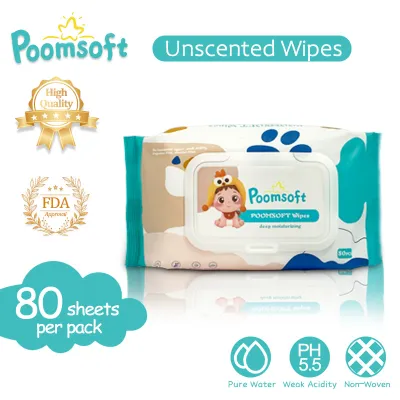 Poomsoft 1 Pack x 80 Sheet Non-Alcohol Unscented High Quality Safe For Baby Gentle Wipes Wet Tissue Disposable Cotton Wipes