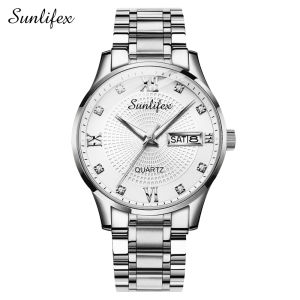 Sunlifex Jam Tangan Pria Calendar Original Anti Air Tali Stainless Steel Mewah Mode Jam Tangan Cowok 9011