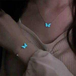 ADAM Simple Butterfly Necklace Glow in The Dark Blue Luminous Diamond Bracelet Vintage Clavicle Chain Women