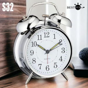 Classic Silent Double Bells Quartz Movement Bedside Table Retro Mini Alarm Clock (Silver)