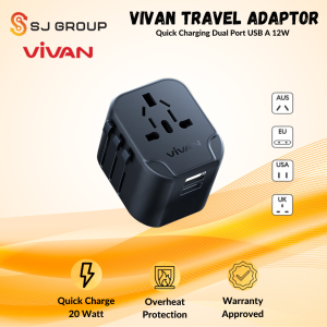VIVAN Travel Adaptor Universal 12W VPS-T002A Black Dual Port USB A Multi-country Power Adapter Universal Colokan Listrik Fast Charging Steker