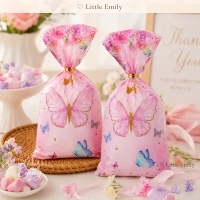 FP1714 (50PCS) Butterfly 12X27 CM Plastic Goodie Bags Party Candy Treat Packaging Loot Bag with Tie