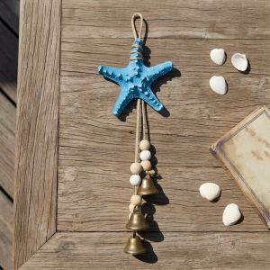 STAR-GIRL Wooden Beads Starfish Wind Chime Coastal Style Metal Bells Beach Decor Boho Resin Ocean Themed Hanging Ornament Outdoor Decor