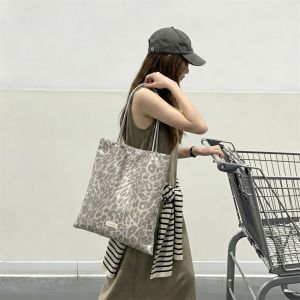 Fashion Single Shoulder Tote Bag Large Capacity Leopard Print Canvas Shopper Silver Grey Shopping Bag for Women