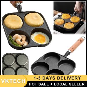 4-Hole Breakfast Burger Egg Pancake Maker Wooden Handle Non Stick Cookware Pancake Pan Egg Burger Ham Pan Suitable for Gas Stove Induction Cooker