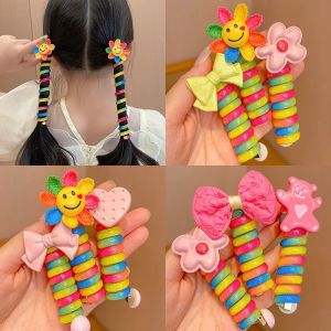 Colorful Korean Style Rainbow Cute Pony Tail For Kids Baby Girl Spiral Rolling Coil Telephone Wire Hair Tie Rope Fashion Scrunchies