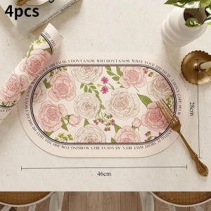 4pcs Rose Print Leather Placemat Oval Design Waterproof Oil Proof Thermal Placemat For Dinning Table