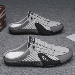 [Free Shipping] Hollow-Out Design Oversized MenS Summer Sandals Mesh Half-Slipper Style Easy-To-Wear Outdoor Loafers Breathable Casual Shoes For Men
