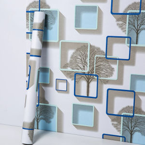 Wallpaper Dinding Motif Kotak 3D Biru Ukuran 45Cm X 8Meter
