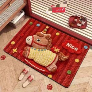 2026 Year Of The Horse Floor Mat Chinese New Year Doormat Cartoon Design Non Slip Soft Plush Home Entrance Rug For Festival Decoration
