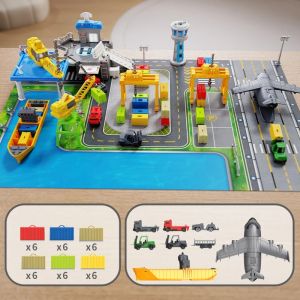 Port and Dock Transport Scene Toy Set with 36 Containers Forklift Transport Vehicle Plane and Play Mat Suitable for Children