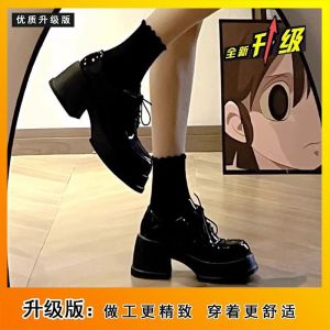 Free Shipping Black Thick-Soled WomenS Spring Height-Increasing Chunky Heel Loafers With A Round Toe Versatile Slip-On Style