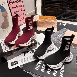 Alphabet Knitted Stretch Sock Shoes Womens Platform Height Sock Boots Mid-cut Martin Boots Skinny Boots