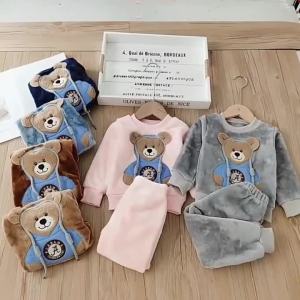 Childrens Pajama Set 2026 New Girls Autumn/Winter Cartoon Bear Warm Pajama Set Boys Home Clothes 2-Piece Set 0-5 Years Old2026