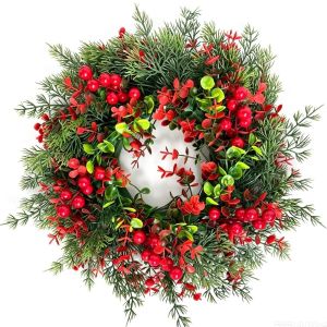 NALANILI Quả mọng đỏ Vòng hoa Giáng sinh nhân tạo Lá cây bạch đàn. 40cm Vòng hoa giả cây xanh Lễ hội Nơ Vòng hoa trang trí cửa Giáng sinh Hiên nhà