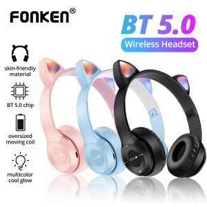 FONKEN Wireless Headset Cat Ear With Microphone Bluetooth Cool Luminous Stereo Bass Helmet Child Game Player Girl Gift Computer Mobile Phone Game Headset Foldable Music Headset
