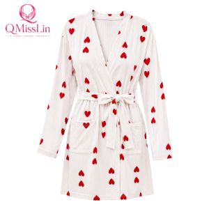 QMissLin Women Long Sleeve Robe Heart Print Sleepwear Soft Milk Silk Home Wear V Neck Tie Waist Lounge Bathrobe QML-0057
