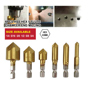SL Countersink Drill Bit Set 6-19mm 1/4" Hex Shank Chamfer 90 Degree Point Angle HSS 5 Flute Chamfer End Milling 6pcs