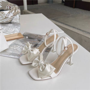 Fairy style stiletto sandals for women white bow square toe sandals Korean elegant 3inch party heels