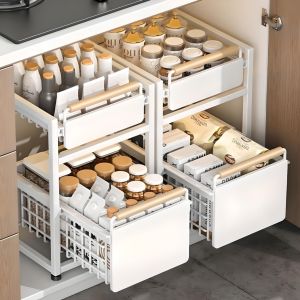 2-Layer Under Sink Pull Out Dish Rack with Drain Tray & Basket Space Saving Kitchen Cabinet Sliding Drawer Organizer with Wooden Handle Multi-Layer Storage Rack