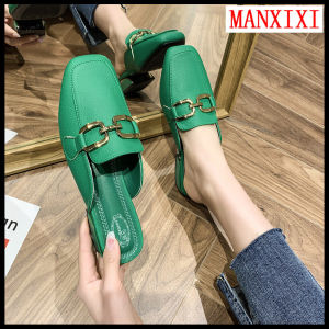 MANXIXI Women Fashion Loafers Beautiful Gold Chain Low Heel Mules Sandals (Size 35-41)