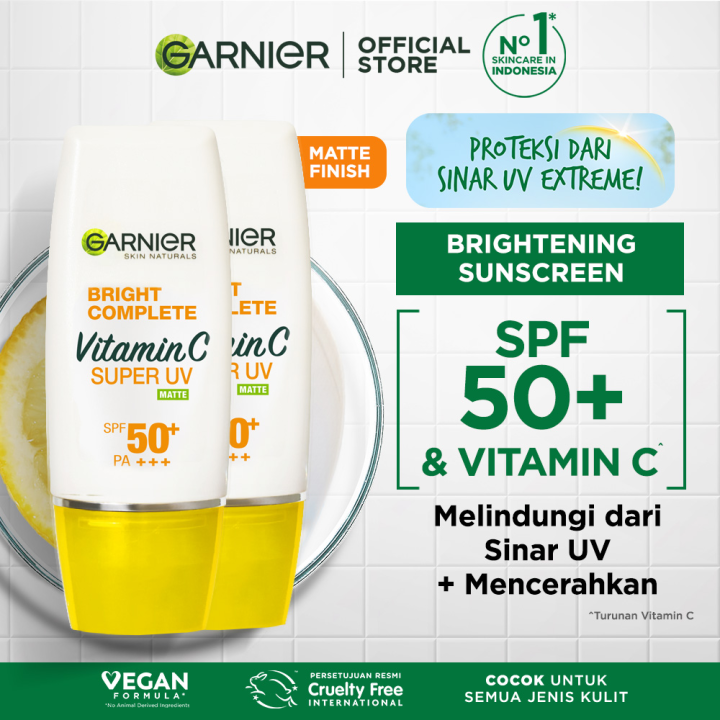 (PAKET HEMAT ISI 2) Garnier Bright Complete Vitamin C Super UV Sunscreen SPF50+/ PA+++ Matte Finish Skin Care - 30ml (Sunblock Untuk Kulit Cerah Terlindungi)