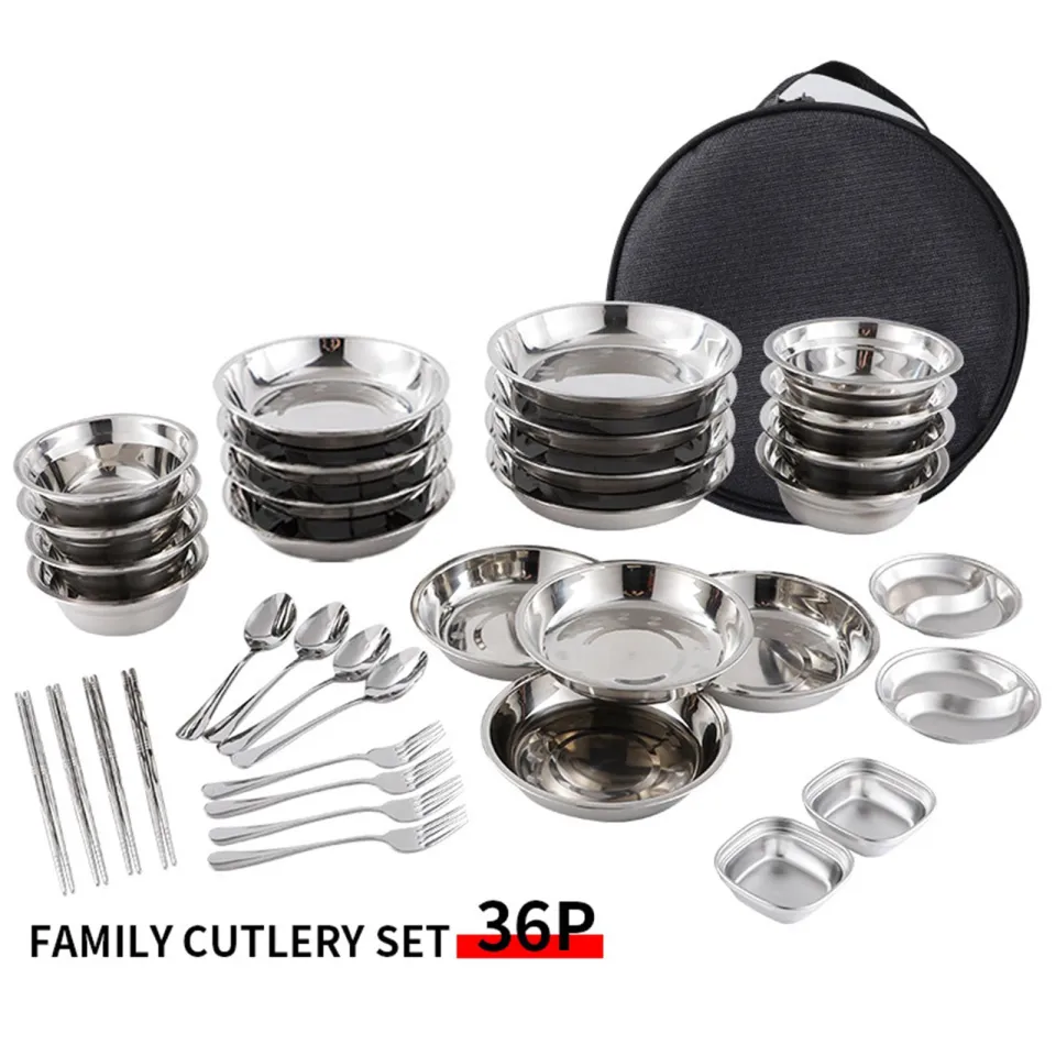 Fityle Stainless Steel Plates and Bowls Durable Dishes Dinner Plate Camping Cutlery Set for Travel Outdoor Hiking Party