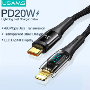 USAMS PD20W Type C to Lightning Fast Charging Cable Digital Display Braided Charging Cable Data Cord for iPhone 11 12 13 14 15 16 Pro Max