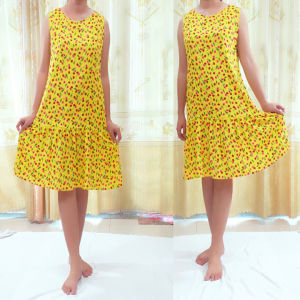 Đầm Nữ mặc nhà -Váy ngủ dáng xòe chất  vải Lanh Tole mặc mát thoáng họa tiết hình hoa dễ thương VannhShop Ms 01