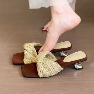 [Free Shipping] Square-toed woven high-heeled slip-on sandals for vacation in the summer suitable for pairing with skirts