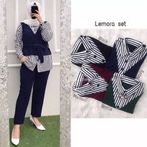 FREE BELT!!! LEMORA SET - Setelan Wanita Terbaru 2024 / Setelan Baju Wanita Dewasa / Setelan Wanita Trendy / Bahan Moscrepe Salur / Setelan Baju Dan Celana Wanita / Setelan Wanita Jumbo / Setelan Wanita Terlaris / One Set Wanita / Baju Garis Garis / Other