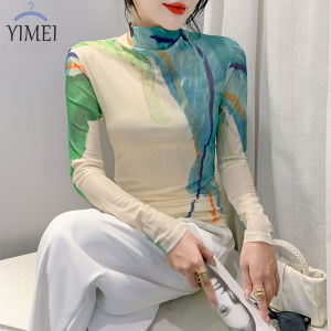 YIMEI batik top for women Fashion 2023 Plus Size Beautiful Guangzhou Long Sleeve Mesh T-shirt