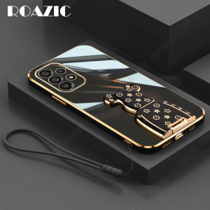 ROAZIC Bear Holder Phone Case For Samsung Galaxy A53 A73 A33 5G A23 LTE A13 4G With Lanyard Electroplate Casing Soft Silicone Bracket Shockproof Back Cover