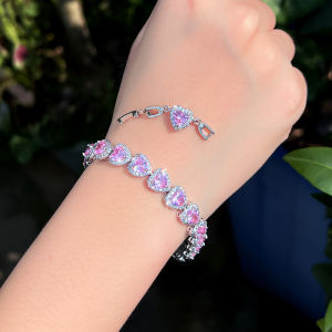 SEQUITO Delicate Ladies Silver Plated Jewelry Pave Setting AAAAA Pink Heart Stone Bracelet Evening Party Clothes Accessories B386