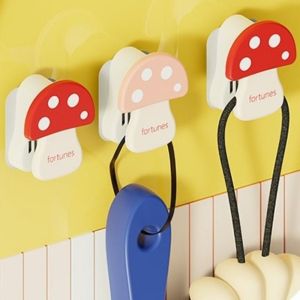 SKYJS 3 Pieces Non Perforated Mushroom Shape Hook Decorative Plastic Home Storage Clips Creative Self Adhesive Bag Hanger for Entryway