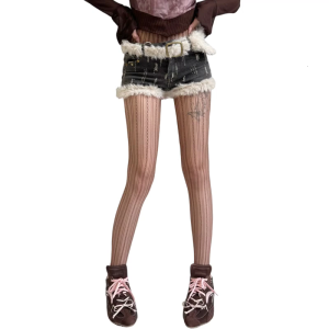 Womens See Through Fishnet Mesh Pantyhose Stockings Aesthetic Hollowed Out Twist Striped Pattern Tights Leggings Hosiery