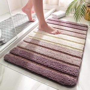 Simple Striped Bathroom Anti-Slip Floor Mat TPE-Backing Polyester Fiber Carpet Door Mat Entrance Soft Non-Slip Foot Cushion Toilet Shower Room Absorbent Foot Pad Extra-Thick Plush Rugs